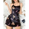 Amora Secret  Siyah İnce Askılı Ayıcık Desenli Saten Mini Gecelik