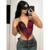 KIRMIZI SİYAH DESENLİ İNCE ASKILI ÜÇGEN KESİM CROP