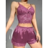 ÖZEL TASARIM DANTELLİ BÜSTİYER İNCE ASKILI LİLA SATEN ŞORTLU TAKIM