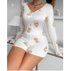 ÖZEL TASARIM  PAMUKLU BEYAZ AYICIK DESENLİ DÜĞMELİ UZUN KOL TULUM PİJAMA