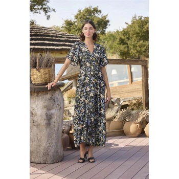 AMORA SECRET % VISKON ÇIÇEK VE YAPRAK DESENLI ÖNÜ DÜĞMELI ELBISE