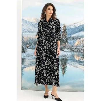 AMORA SECRET % VISKON DESENLI TRUVAKAR KOLLU SATEN ELBISE