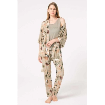 AMORA SECRET KOLSUZ SIFIR KOL BISIKLET YAKA VISKON ÇIÇEK DESENLI KIŞLIK ÖRME NORMAL BEL BAĞLAMALI DANTEL DETAYLI PIJAMA TAKIMI SABAHLIK