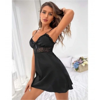 ÖZEL TASARIM  SIYAH DANTEL DETAYLI İNCE ASKILI SATEN KISA FANTEZI GECELIK