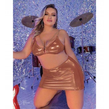 ÖZEL TASARIM  BÜYÜK BEDEN KAHVERENGI DERI ZINCIR AKSESUARLI ETEKLI FANTEZI TAKIM