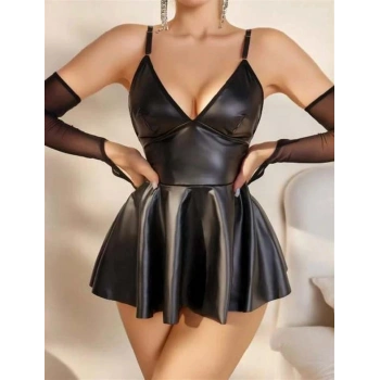 Amora Secret  Siyah Etekli Fantezi Deri Elbise