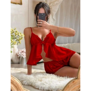 Amora Secret  Kırmızı Dantel İşlemeli İnce Askılı Saten Şortlu Takım