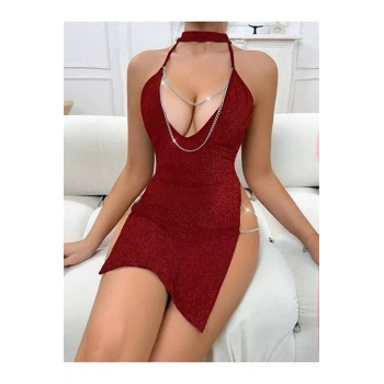 Amora Secret  Kırmızı Zincir Detaylı Transparan Fantezi Elbise Kadın İç Giyim Özel Gün