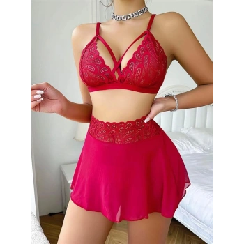 Amora Secret  Kırmızı Dantel İşlemeli Etekli Fantezi Sütyen Takımı Kadın İç Giyim Rahat Kullanım