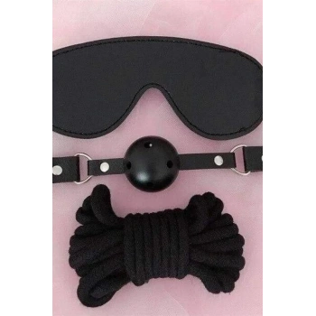 Amora Secret  Gözlük Ağız Topu İp Üçlü Deri Harness Set Kadın İç Giyim Zarif Görünüm