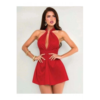 Özel Şık Tasarım Kırmızı Göğüs Dekolteli Boyundan Bağlamalı Mini Club Elbisesi