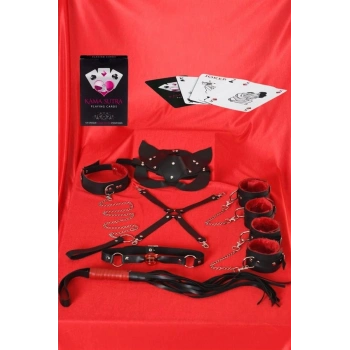 Amora Secret  Sexy Görselli Oyun Kartı Kama Sutra 7li Kırmızı Siyah Harness Set