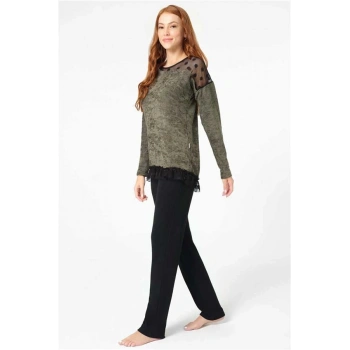 AMORA SECRET UZUN KOL BISIKLET YAKA POLYESTER ELASTAN DÜZ KIŞLIK ÖRME NORMAL BEL TRANSPARAN TÜL DETAYLI PIJAMA TAKIMI