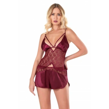 Amora Secret  Bordo Saten Babydoll Şort Takımı