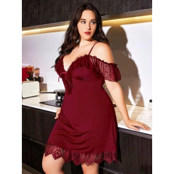 Amora Secret  Büyük Beden Bordo Dantel İşlemeli İnce Askılı Gecelik