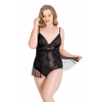 Amora Secret  Büyük Beden Siyah Bodysuit Jakarlı Gecelik