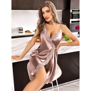 Amora Secret  Dantel Kenarlı İnce Askılı Vizon Mini Saten Gecelik