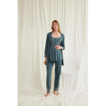 Amora Secret  Dantelli Önü Düğmeli Hamile Lohusa 3lü Viskon Pijama Takımı