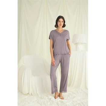 Amora Secret  Kısa Kollu V Yakalı Dantelli Pijama Takımı