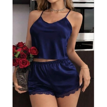 Amora Secret  Lacivert İnce Askılı Dantel İşlemeli Saten Şortlu Takım