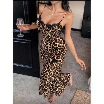 Amora Secret  Pamuklu Leopar Desenli İnce Askılı Uzun Elbise