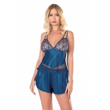 Amora Secret  Petrol Mavisi Saten Babydoll Şort Takımı