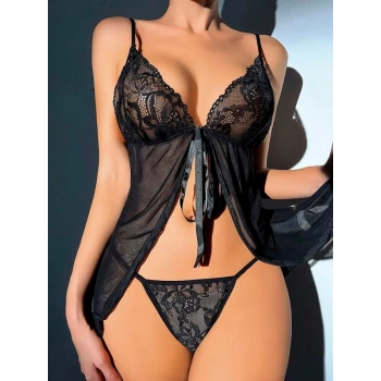 Amora Secret  Siyah Dantel İşlemeli Önden Bağlamalı Fantezi Şık Tül Gecelik