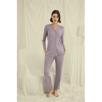 Amora Secret  Uzun Kollu Boydan Düğmeli V Yaka Pijama Takımı