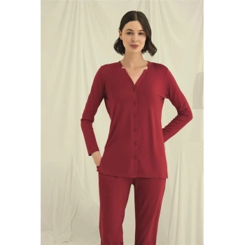 Amora Secret  Uzun Kollu Boydan Düğmeli V Yaka Pijama Takımı