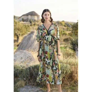 Amora Secret   Viskon Çiçek Ve Yaprak Desenli Kısa Kollu Elbise