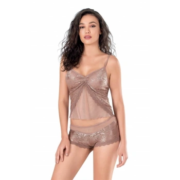 Amora Secret  Vizon Jakarlı Babydoll Şort Takımı