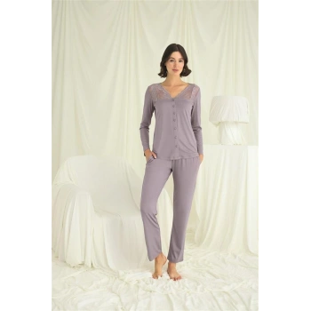Amora Secret  Yakası Kolu Ve Omzu Dantelli Boydan Düğmeli Pijama Takımı