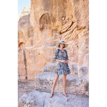 AMORA SECRET ETNIK DESENLI TRUVAKAR KOLLU V YAKA ELBISE