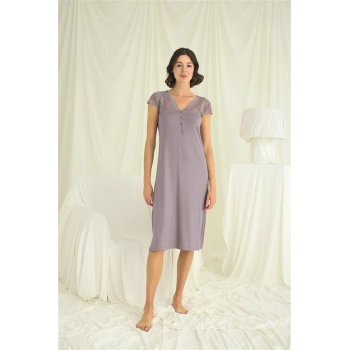 AMORA SECRET KOLU OMZU VE YAKASI DANTELLI ÖNÜ DÜĞMELI GECELIK