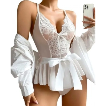 ÖZEL TASARIM  BEYAZ DANTEL İŞLEMELI KURDELALI FANTEZI TÜL BABYDOLL