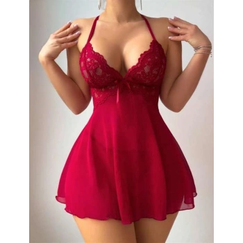 ÖZEL TASARIM BORDO DANTEL İŞLEMELİ BOYUNDAN BAĞLAMALI LİKRALI FANTEZİ TÜL GECELİK