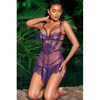 ÖZEL TASARIM BRİTLİ MOR TAKIM DANTEL TRANSPARAN GECELİK