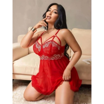 ÖZEL TASARIM  BÜYÜK BEDEN KIRMIZI DANTEL İŞLEMELİ TÜL GECELİK