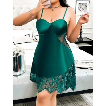 ÖZEL TASARIM  BÜYÜK BEDEN YEŞİL DANTEL İŞLEMELİ İNCE ASKILI FANTEZİ GECELİK