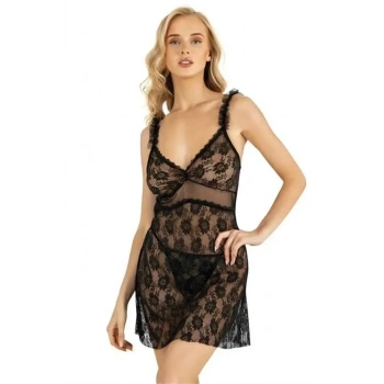 ÖZEL TASARIM DANTEL İŞLEMELİ SİYAH KISA TÜL GECELİK