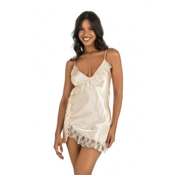 ÖZEL TASARIM  FİLDİŞİ KISA SATEN GECELİK 8229