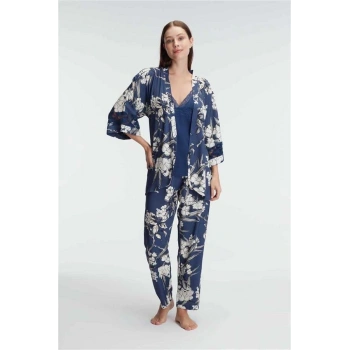 ÖZEL TASARIM  İP ASKILI V YAKA VİSKON ÇİÇEK DESENLİ YAZLIK DANTEL DETAYLI PİJAMA SABAHLIK TAKIMI