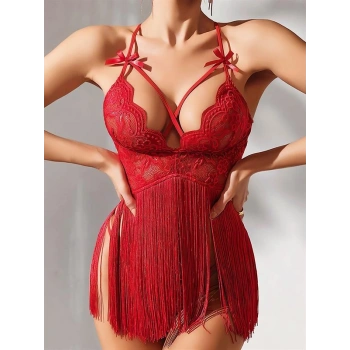 ÖZEL TASARIM  KIRMIZI PÜSKÜLLÜ DANTEL DETAYLI FANTEZİ GECELİK