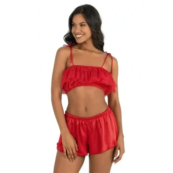 ÖZEL TASARIM  KIRMIZI SATEN ŞORT TAKIMI 9206