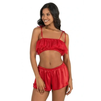 ÖZEL TASARIM  KIRMIZI SATEN ŞORT TAKIMI 9206