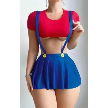 ÖZEL TASARIM MAVİ KIRMIZI FANTEZİ ETEKLİ TAKIM