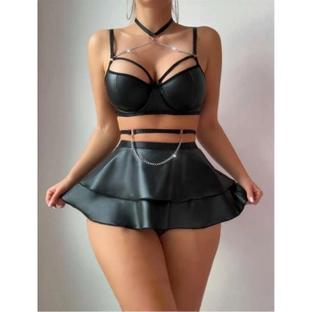 ÖZEL TASARIM  ÖZEL ŞIK TASARIM SİYAH ETEKLİ PİLELİ ZİNCİR DETAY FANTEZİ DERİ ELBİSE