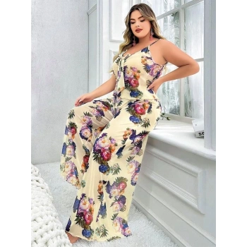 ÖZEL TASARIM ÖZEL TASARIM BÜYÜK BEDEN ÇİÇEK DESENLİ İNCE ASKILI 2Lİ PİJAMA TAKIMI