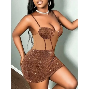ÖZEL TASARIM ÖZEL TASARIM KAHVERENGİ PARLAK IŞILTILI GÖĞÜS DEKOLTELİ FANTEZİ MİNİ CLUB ELBİSESİ