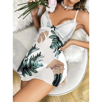 ÖZEL TASARIM ÖZEL TASARIM YAPRAK DESENLİ İNCE ASKILI DANTEL İŞLEMELİ MİNİ SATEN GECELİK